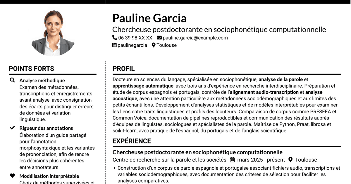7 modèles de CV pour Chercheur postdoctoral - Variation sociophonétique et apprentissage automatique, avec exemples