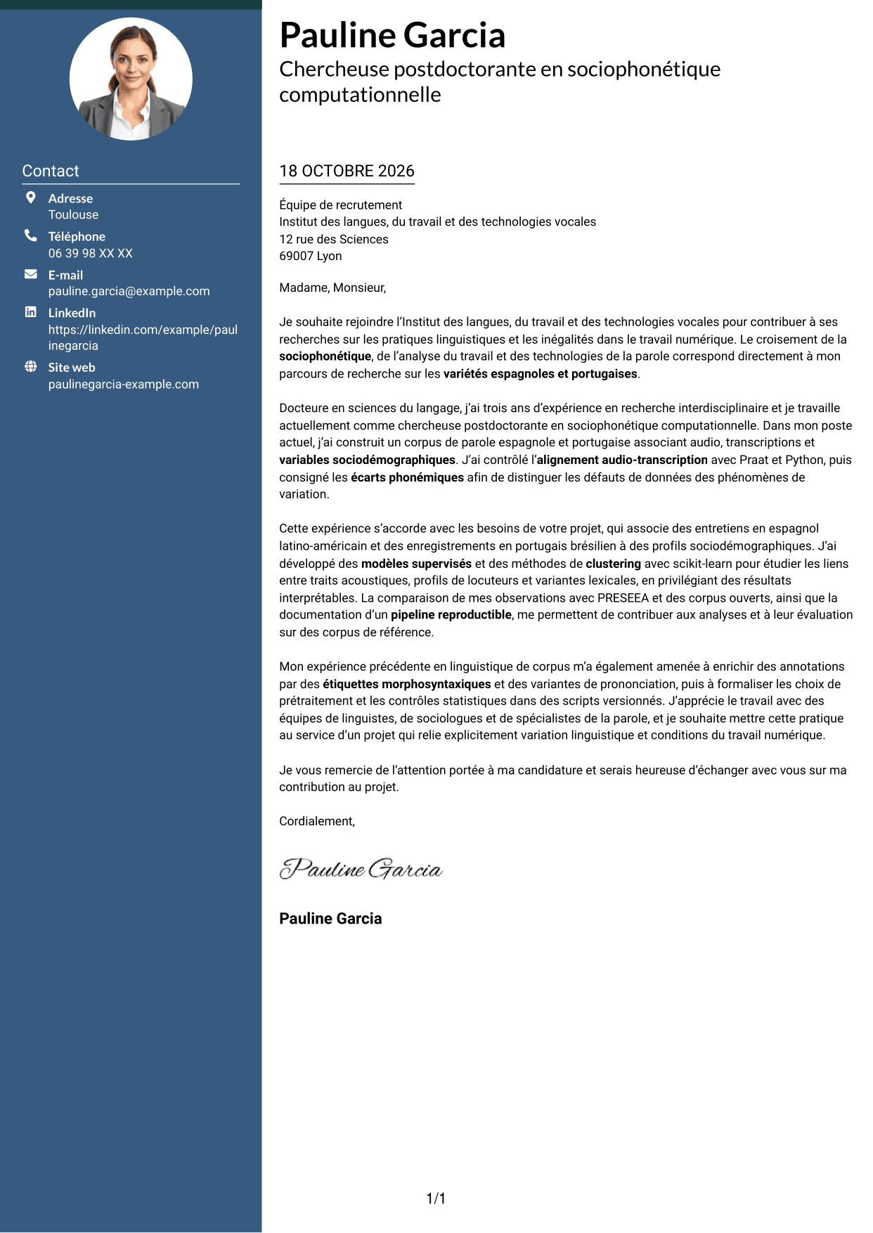 Lettre de motivation Élégant (format à colonne latérale colorée avec photo) : Chercheur postdoctoral - Variation sociophonétique et apprentissage automatique, page 1