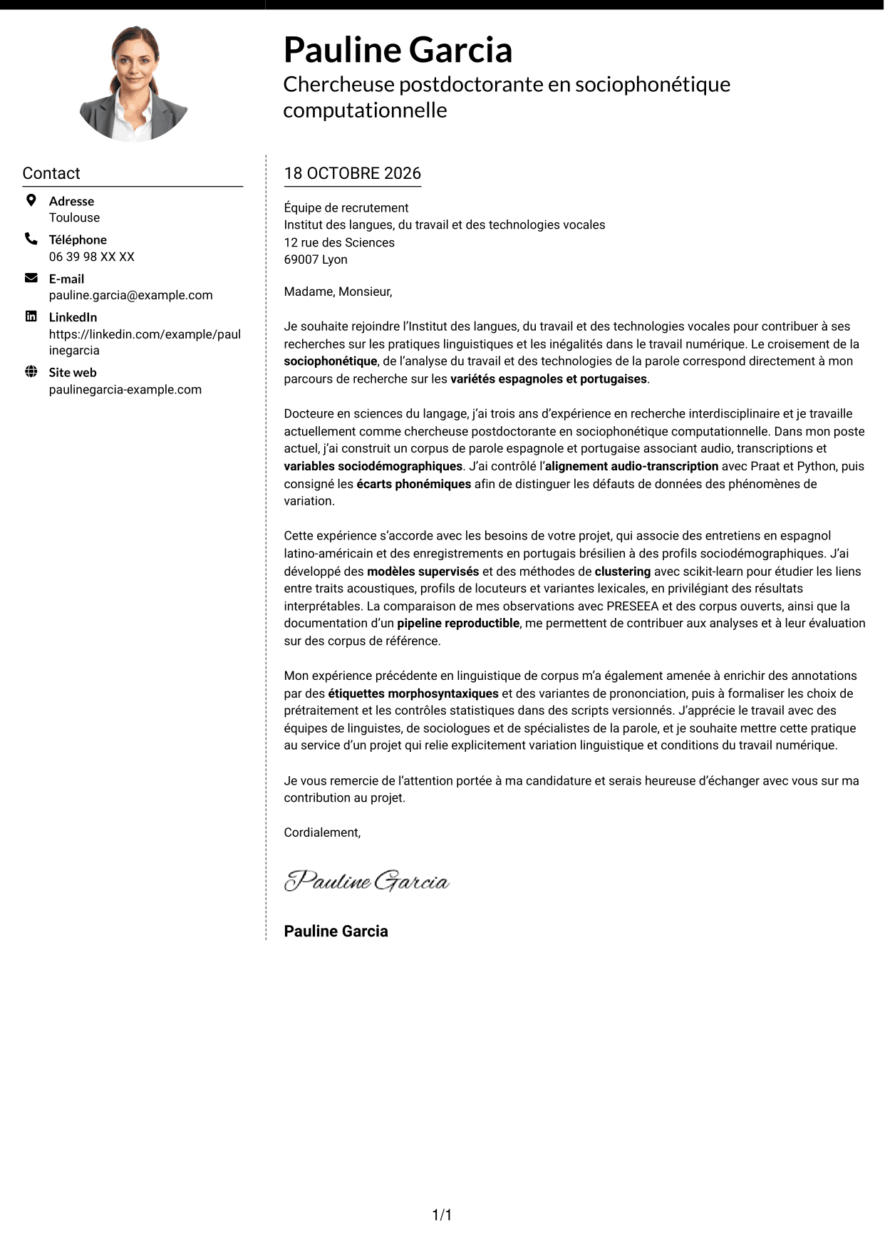Lettre de motivation Moderne (format à deux colonnes avec photo à gauche et séparateur) : Chercheur postdoctoral - Variation sociophonétique et apprentissage automatique, page 1