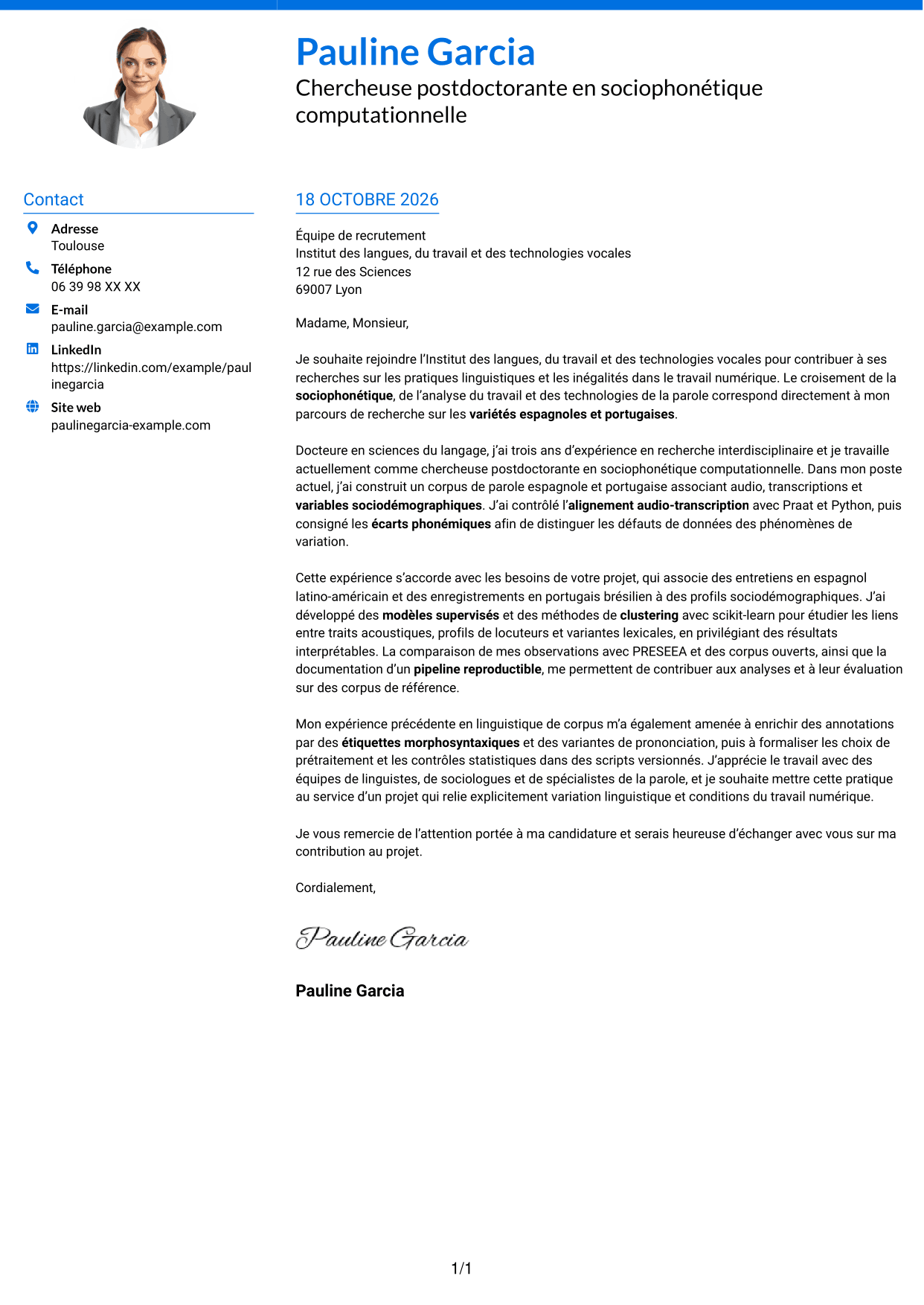 Lettre de motivation Audacieux (format à deux colonnes avec accents colorés et photo) : Chercheur postdoctoral - Variation sociophonétique et apprentissage automatique, page 1