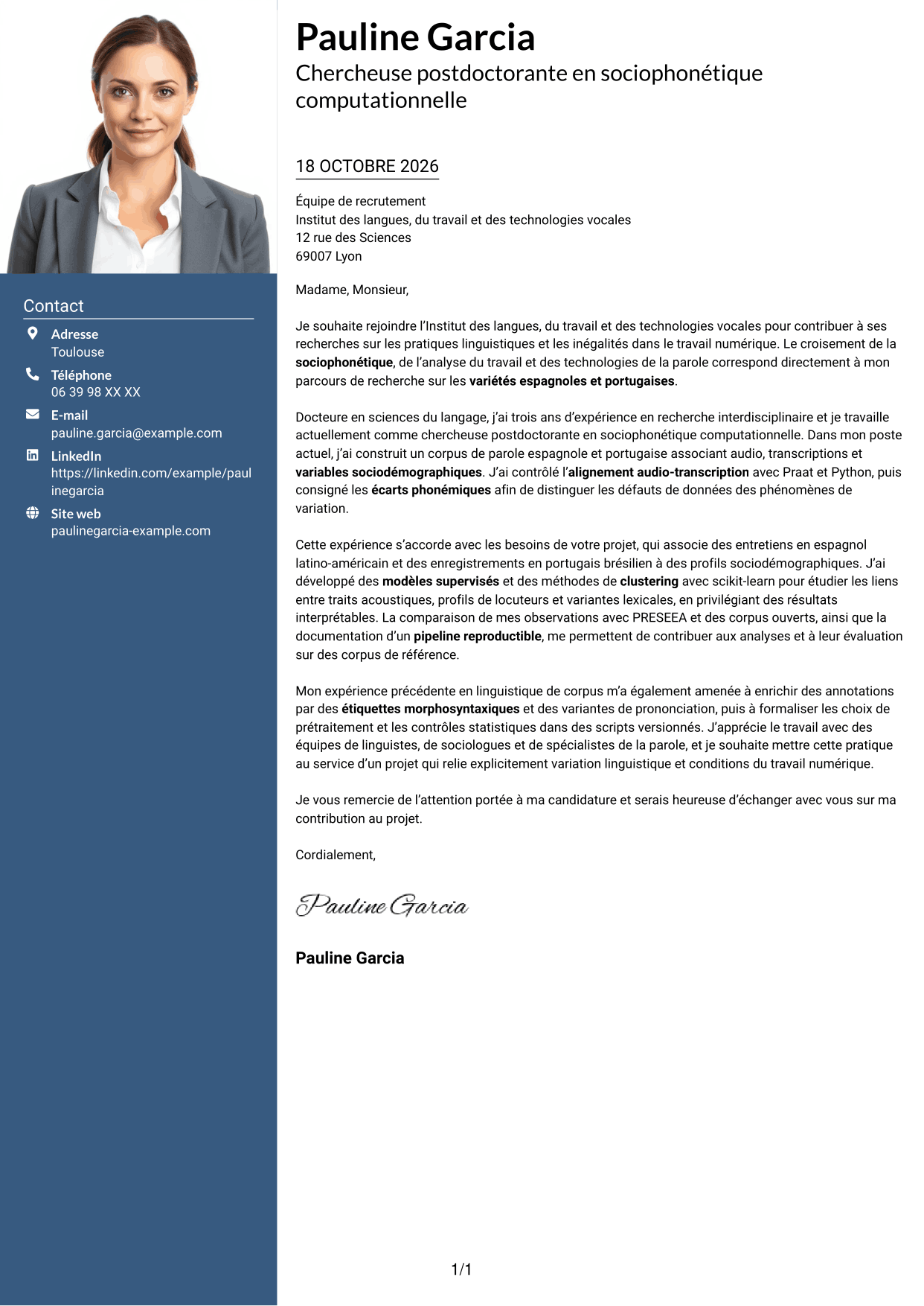 Lettre de motivation Signature (format à colonne latérale colorée avec grande photo) : Chercheur postdoctoral - Variation sociophonétique et apprentissage automatique, page 1
