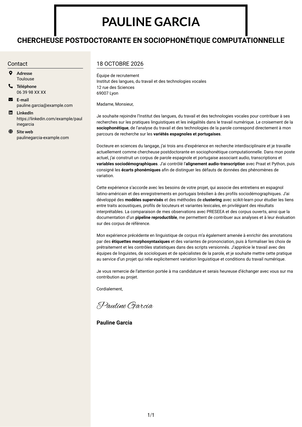 Lettre de motivation Fonceur (format à deux colonnes avec en-tête centré sans photo) : Chercheur postdoctoral - Variation sociophonétique et apprentissage automatique, page 1