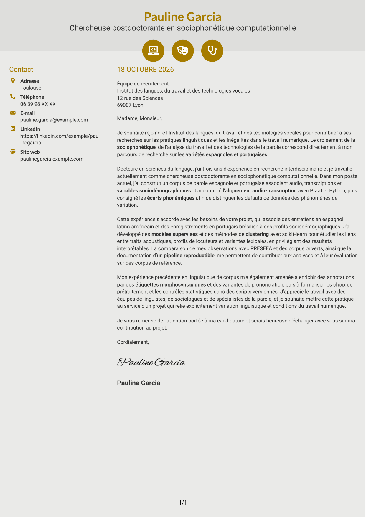 Lettre de motivation Dynamique (format à deux colonnes avec icônes) : Chercheur postdoctoral - Variation sociophonétique et apprentissage automatique, page 1