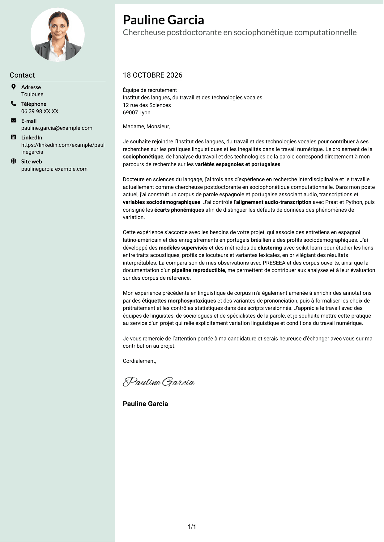 Lettre de motivation Cadre (format à colonne latérale douce avec photo arrondie) : Chercheur postdoctoral - Variation sociophonétique et apprentissage automatique, page 1