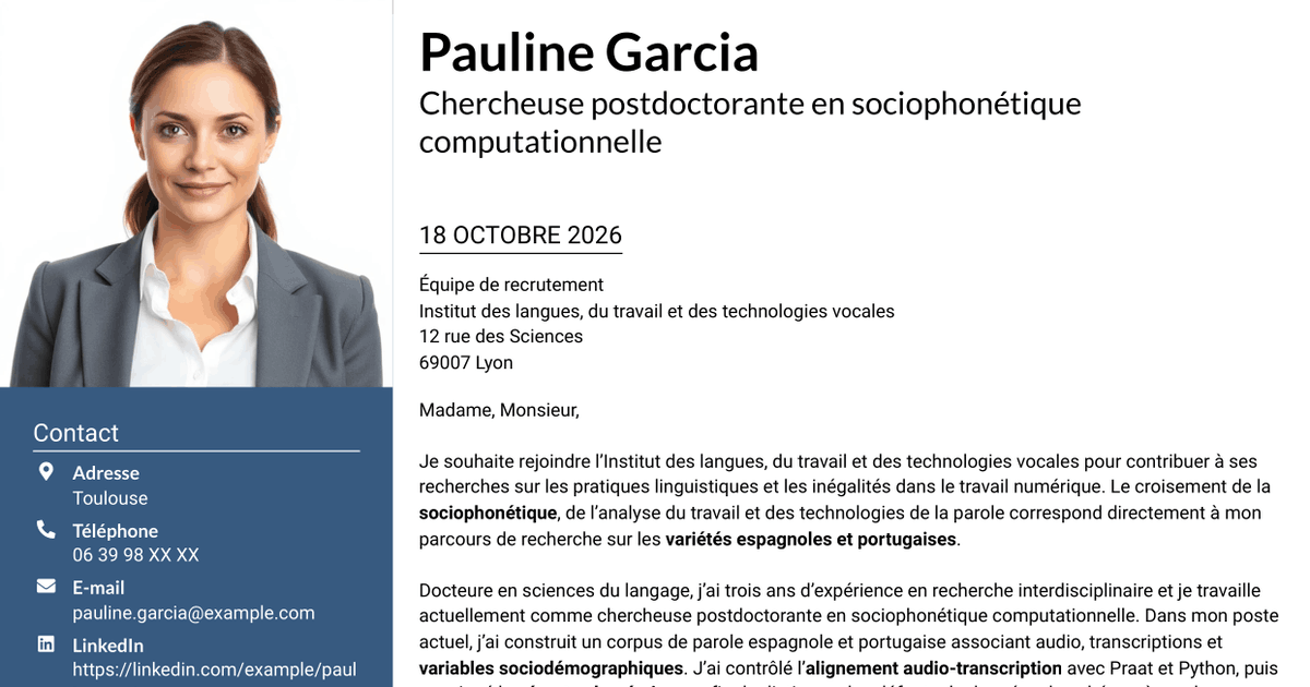 7 modèles de lettre de motivation pour Chercheur postdoctoral - Variation sociophonétique et apprentissage automatique, avec exemples