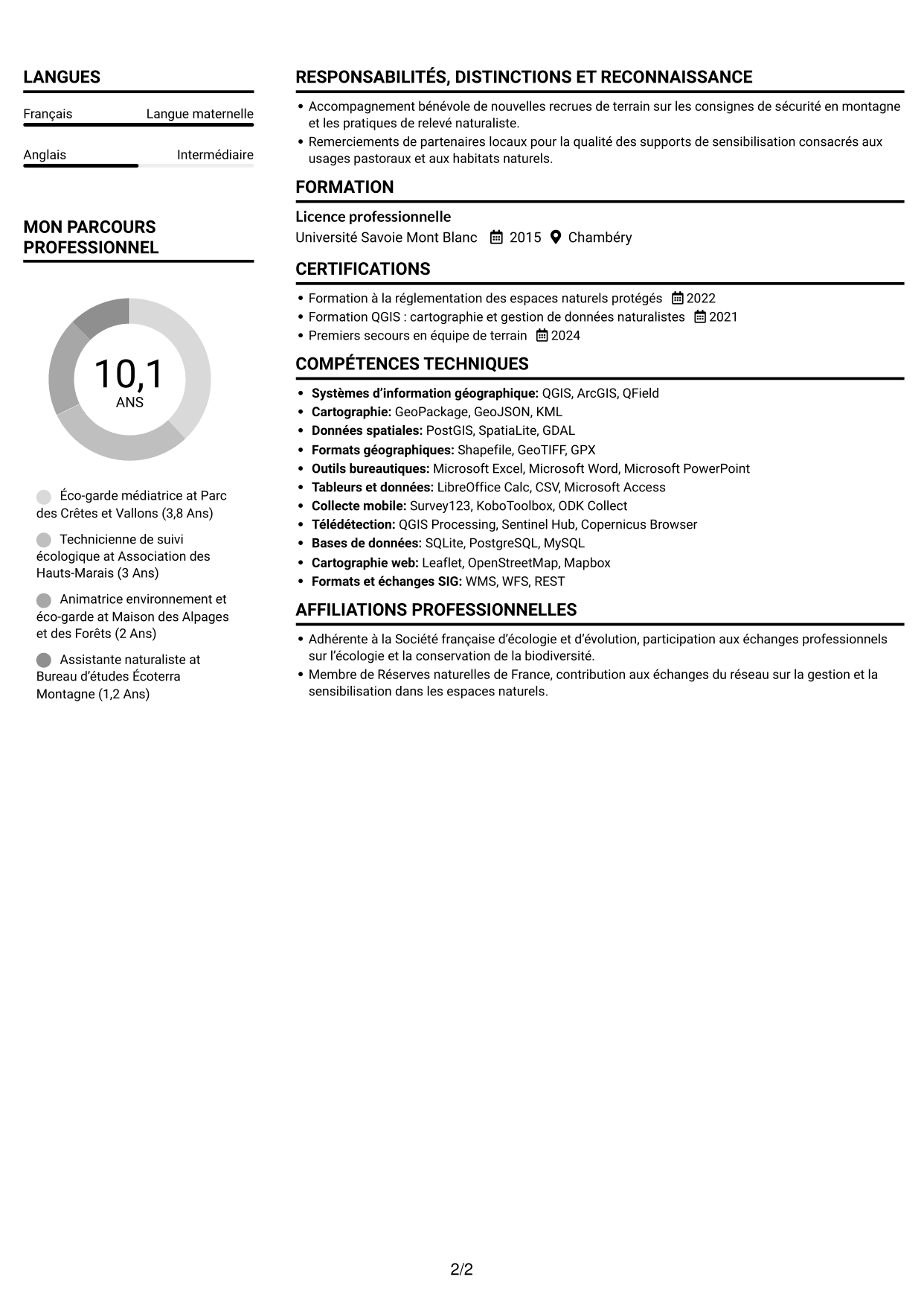 CV Compact (format sobre à deux colonnes avec photo) : Éco-garde médiatrice - Biodiversité et suivi écologique, page 2