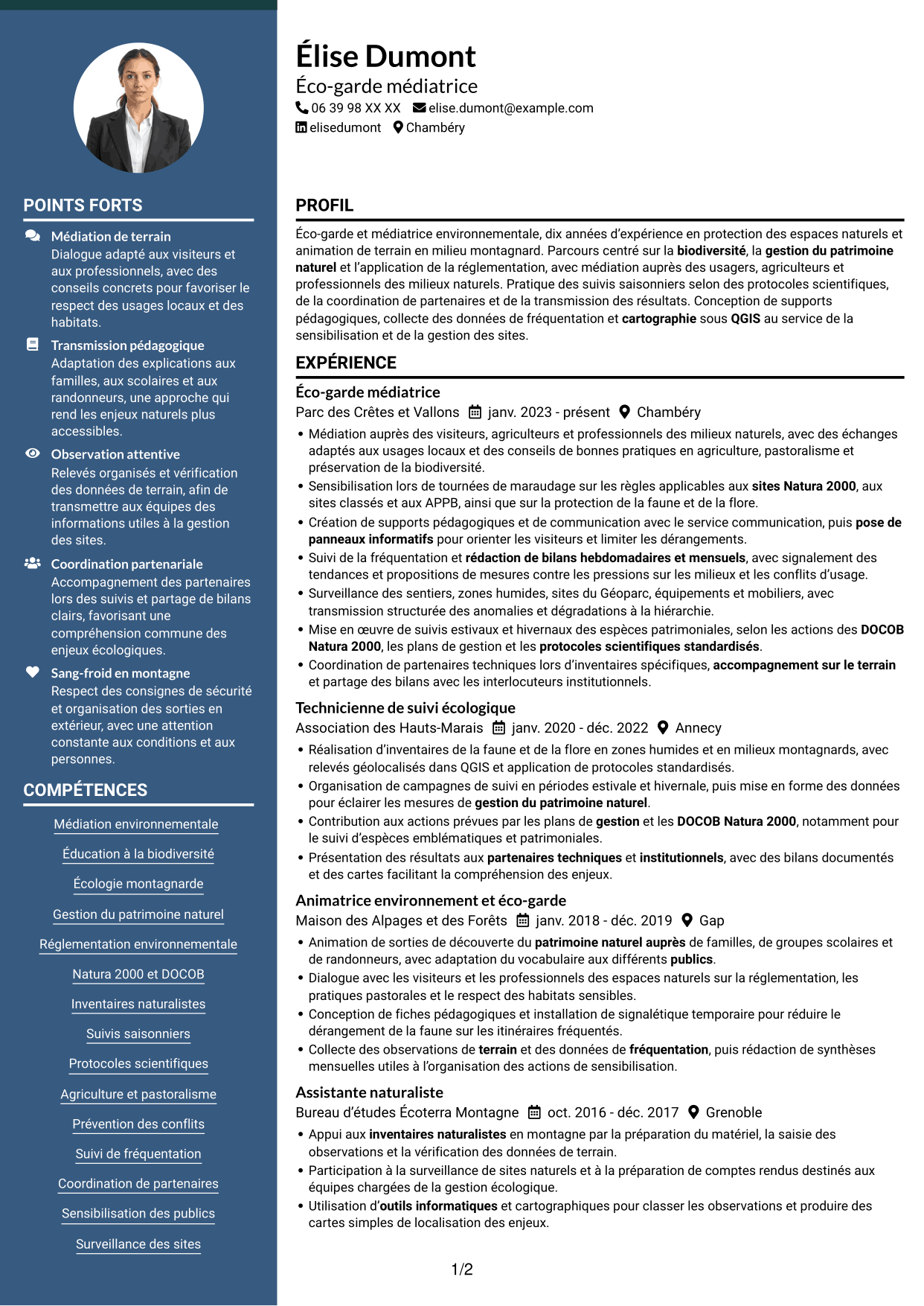 CV Élégant (format à colonne latérale colorée avec photo) : Éco-garde médiatrice - Biodiversité et suivi écologique, page 1