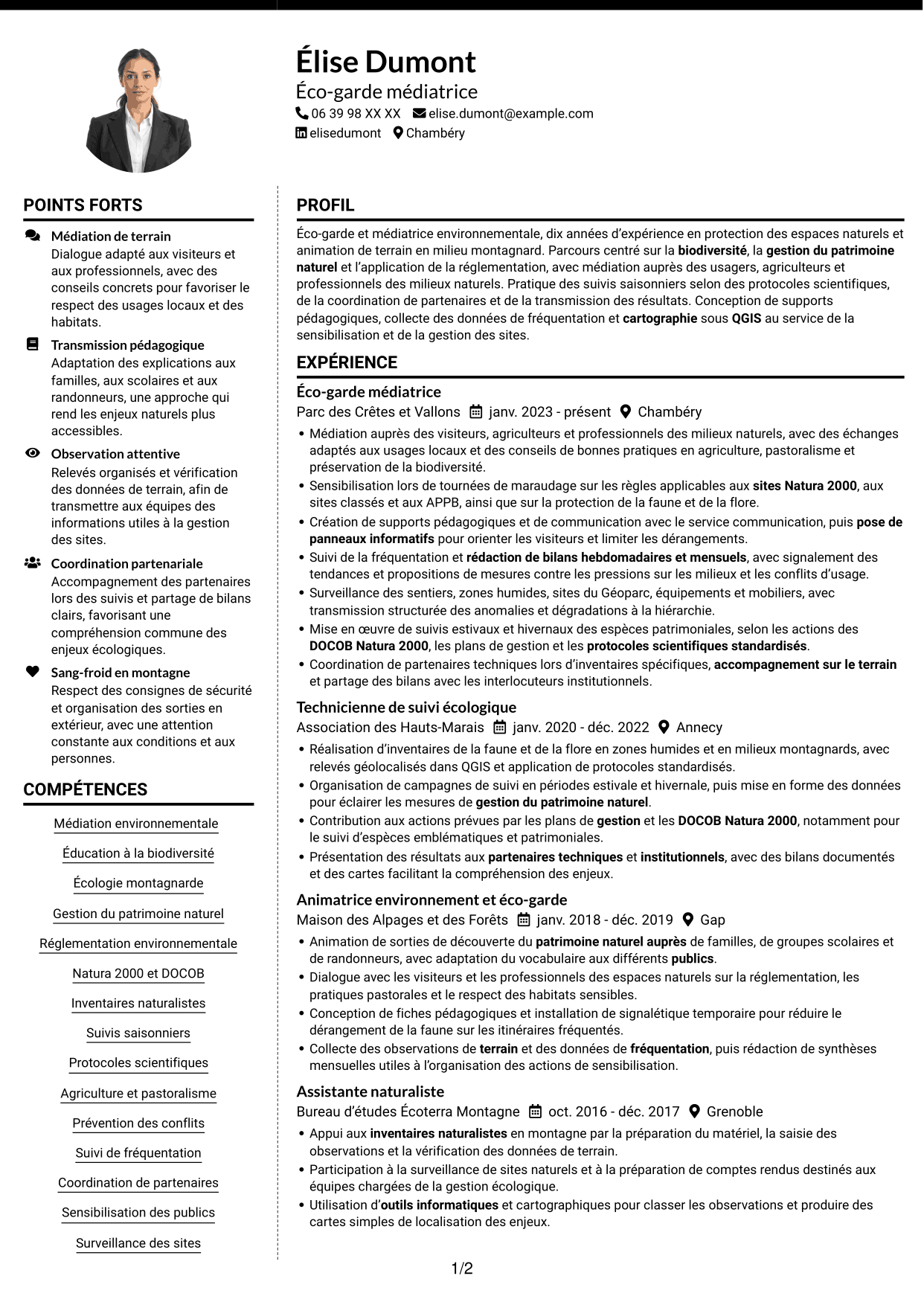 CV Moderne (format à deux colonnes avec photo à gauche et séparateur) : Éco-garde médiatrice - Biodiversité et suivi écologique, page 1