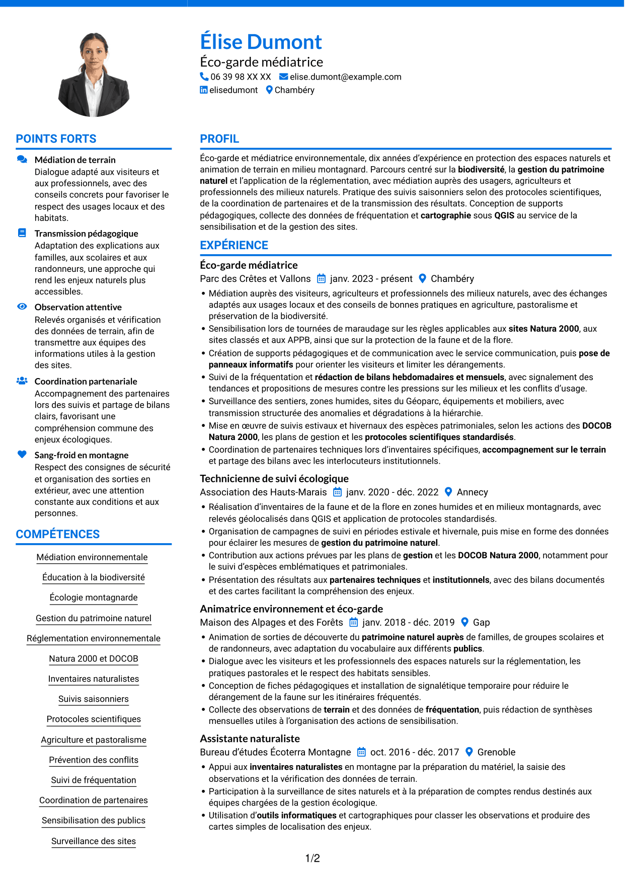 CV Audacieux (format à deux colonnes avec accents colorés et photo) : Éco-garde médiatrice - Biodiversité et suivi écologique, page 1