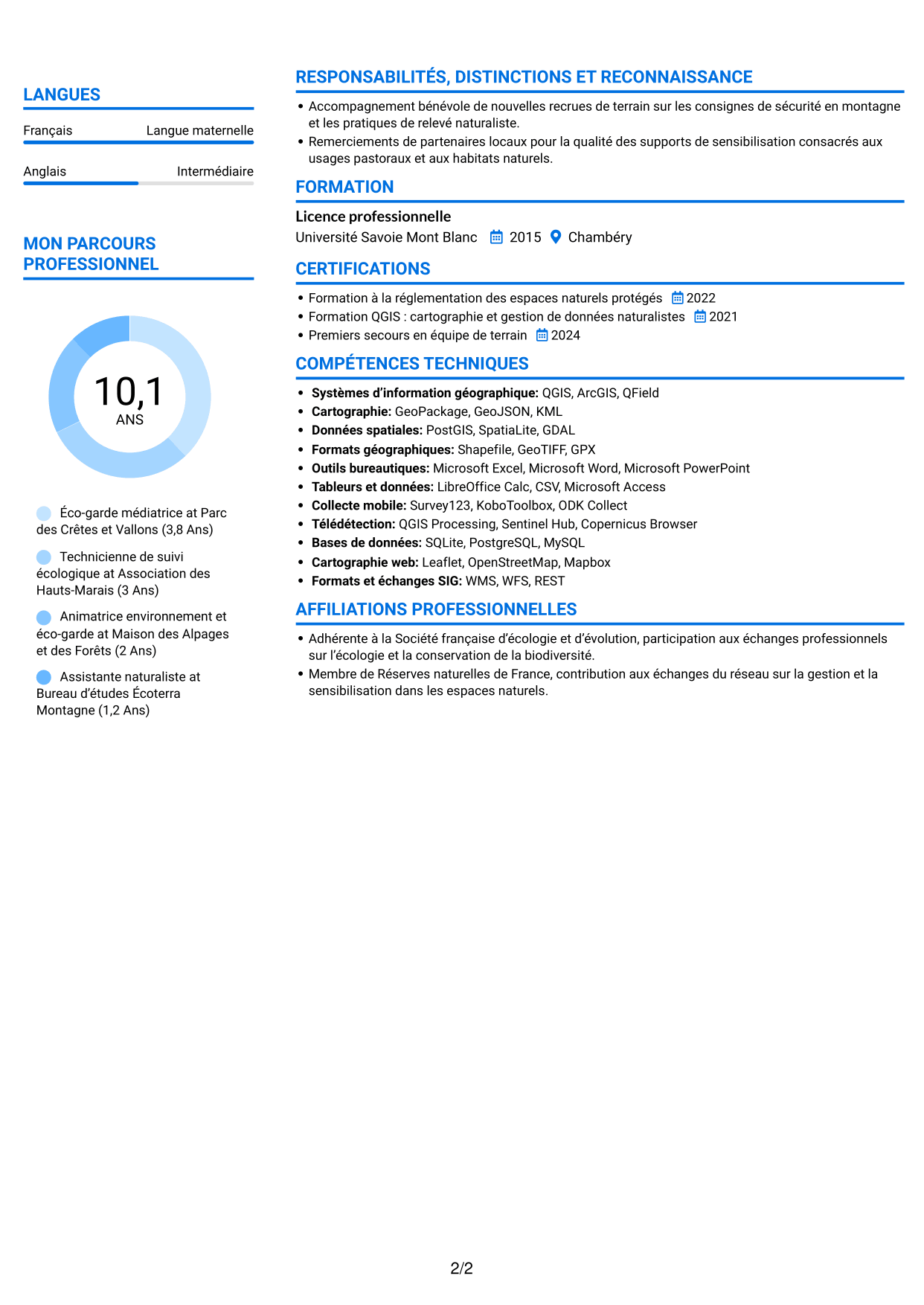 CV Audacieux (format à deux colonnes avec accents colorés et photo) : Éco-garde médiatrice - Biodiversité et suivi écologique, page 2