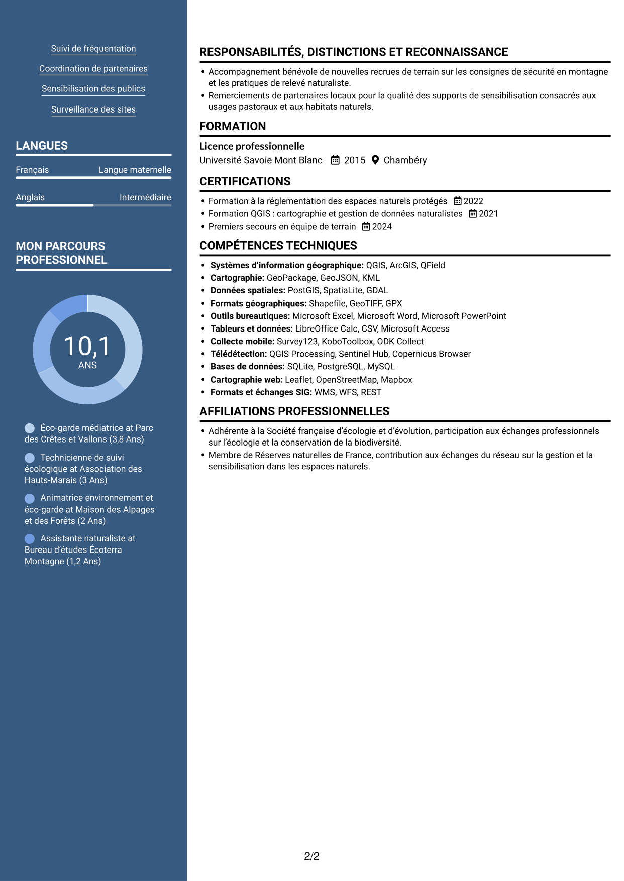 CV Signature (format à colonne latérale colorée avec grande photo) : Éco-garde médiatrice - Biodiversité et suivi écologique, page 2