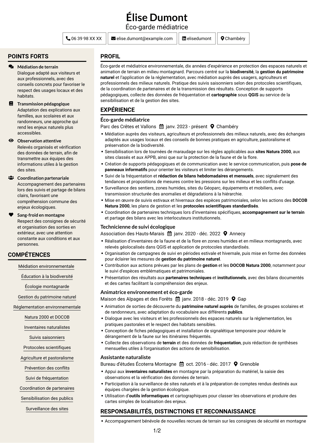 CV Fonceur (format à deux colonnes avec en-tête centré sans photo) : Éco-garde médiatrice - Biodiversité et suivi écologique, page 1