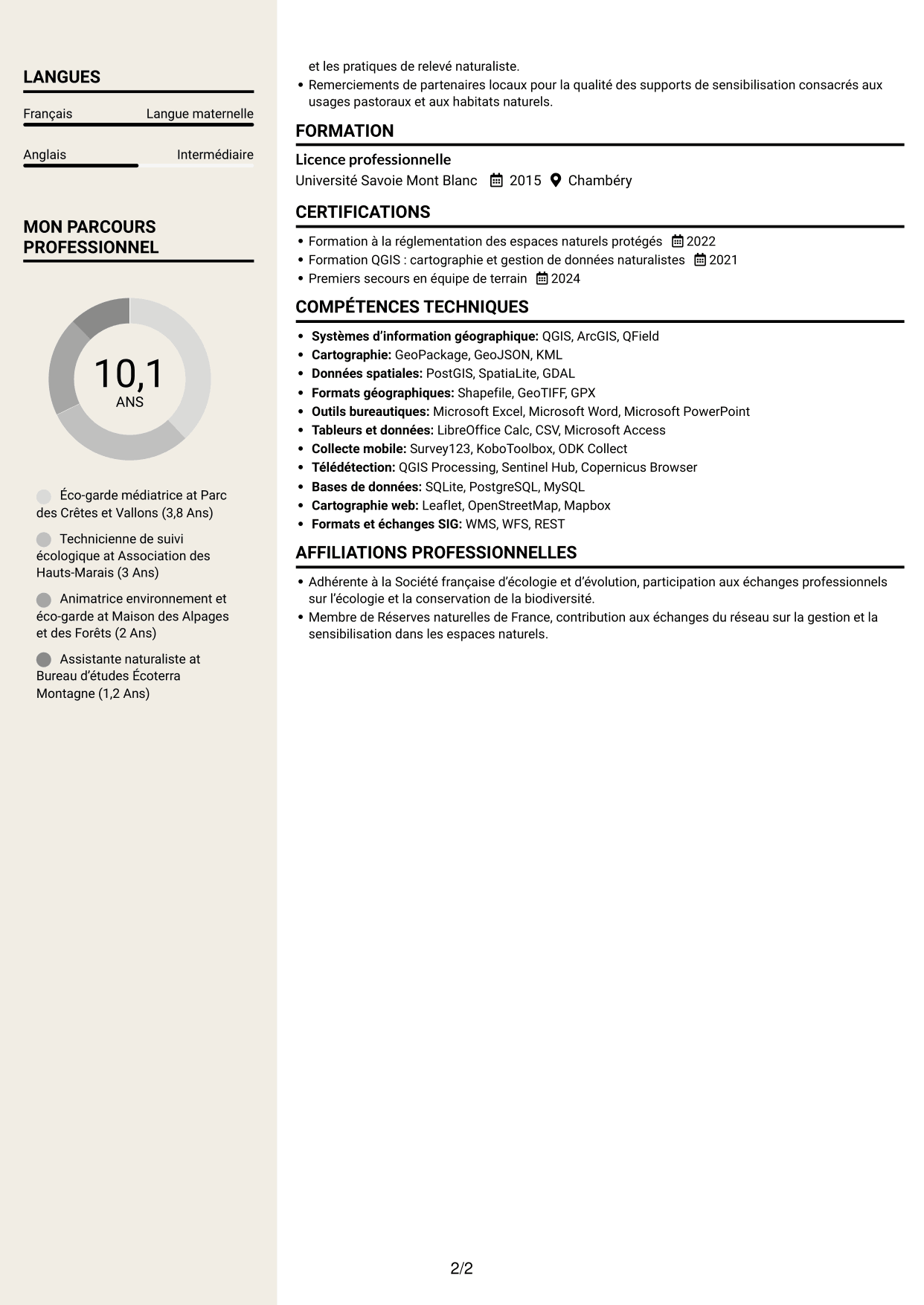 CV Fonceur (format à deux colonnes avec en-tête centré sans photo) : Éco-garde médiatrice - Biodiversité et suivi écologique, page 2