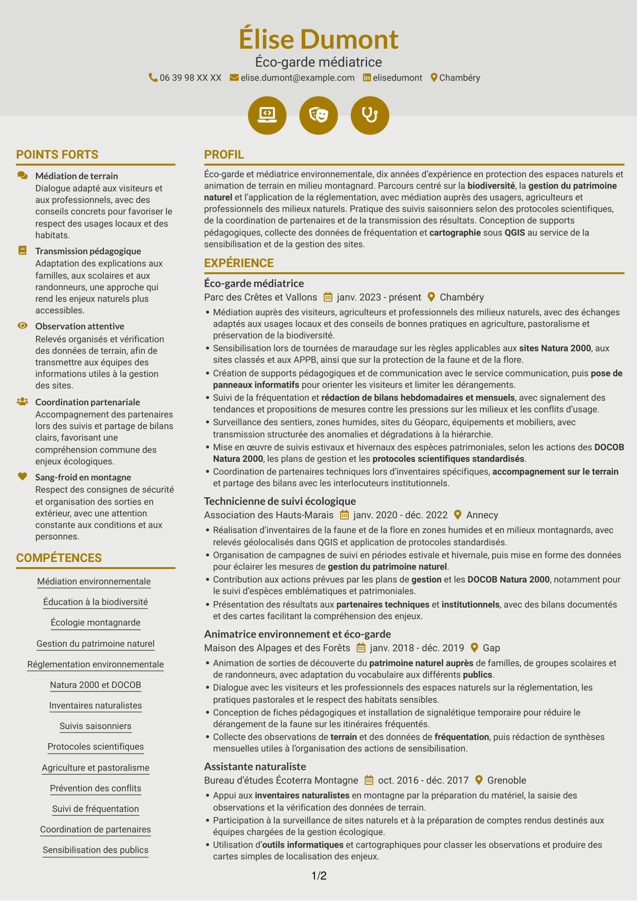 CV Dynamique (format à deux colonnes avec icônes) : Éco-garde médiatrice - Biodiversité et suivi écologique, page 1