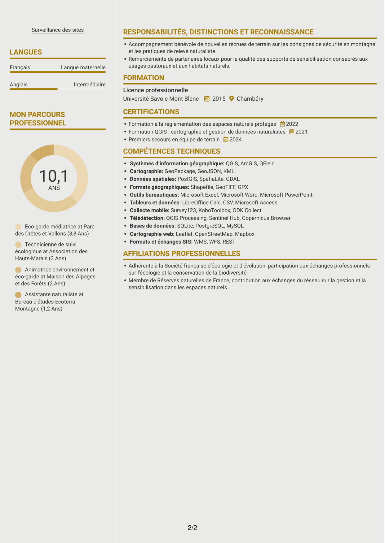 CV Dynamique (format à deux colonnes avec icônes) : Éco-garde médiatrice - Biodiversité et suivi écologique, page 2