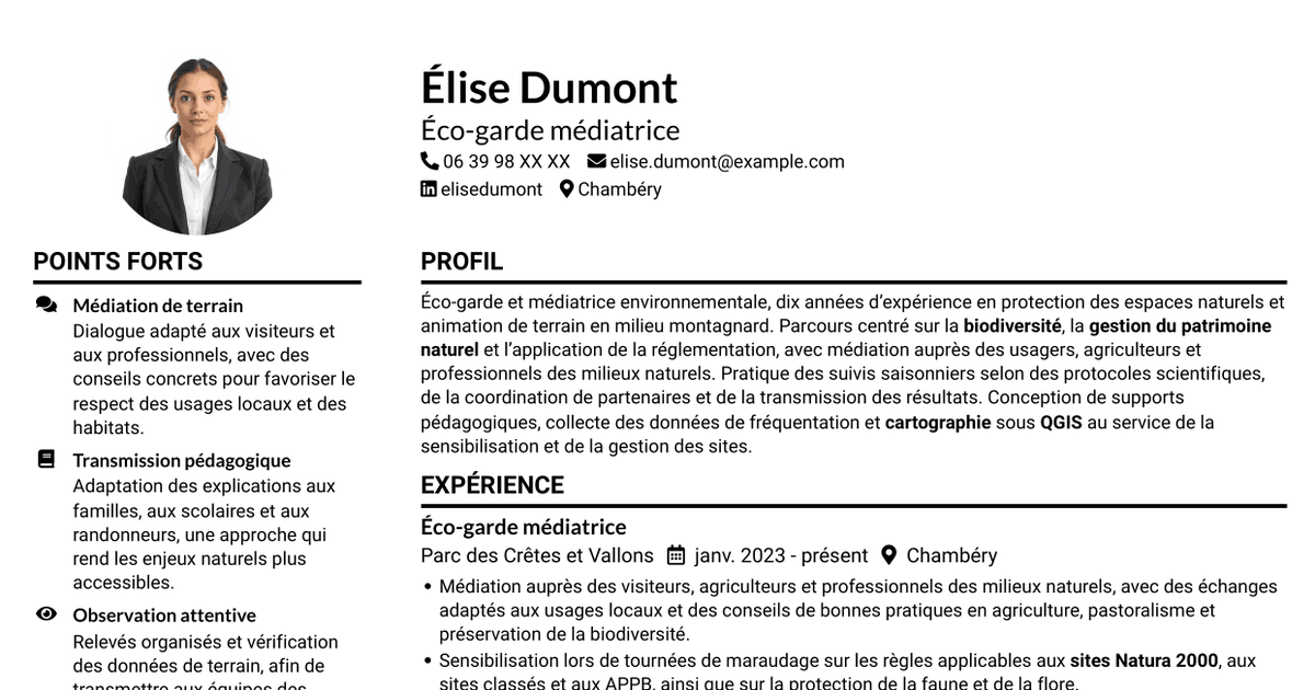 7 modèles de CV pour Éco-garde médiatrice - Biodiversité et suivi écologique, avec exemples
