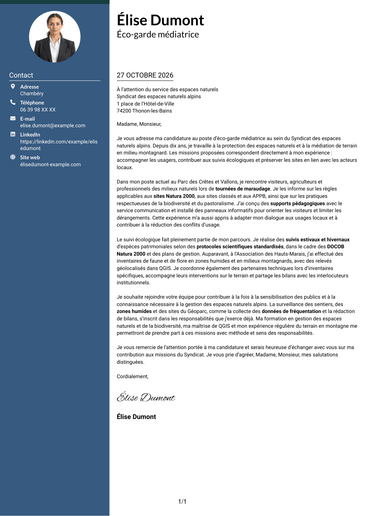 Lettre de motivation Élégant (format à colonne latérale colorée avec photo) : Éco-garde médiatrice - Biodiversité et suivi écologique, page 1