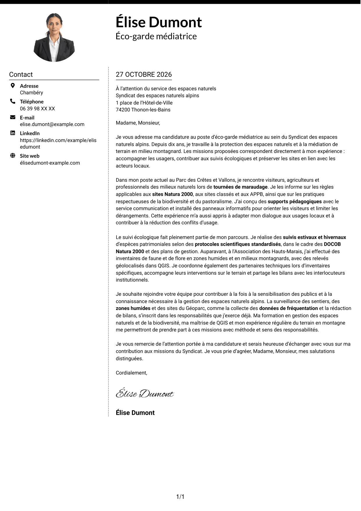 Lettre de motivation Moderne (format à deux colonnes avec photo à gauche et séparateur) : Éco-garde médiatrice - Biodiversité et suivi écologique, page 1