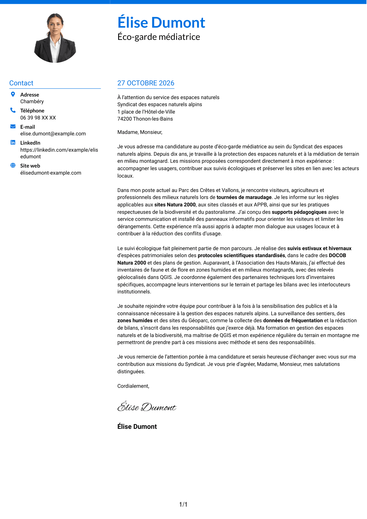 Lettre de motivation Audacieux (format à deux colonnes avec accents colorés et photo) : Éco-garde médiatrice - Biodiversité et suivi écologique, page 1