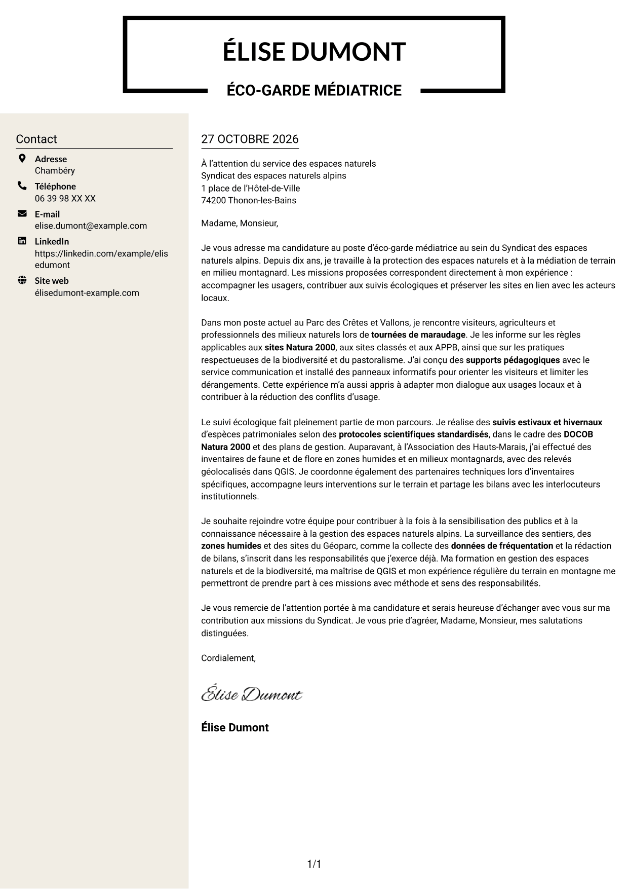 Lettre de motivation Fonceur (format à deux colonnes avec en-tête centré sans photo) : Éco-garde médiatrice - Biodiversité et suivi écologique, page 1