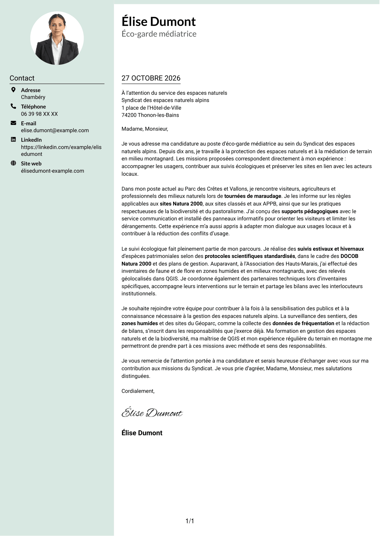 Lettre de motivation Cadre (format à colonne latérale douce avec photo arrondie) : Éco-garde médiatrice - Biodiversité et suivi écologique, page 1