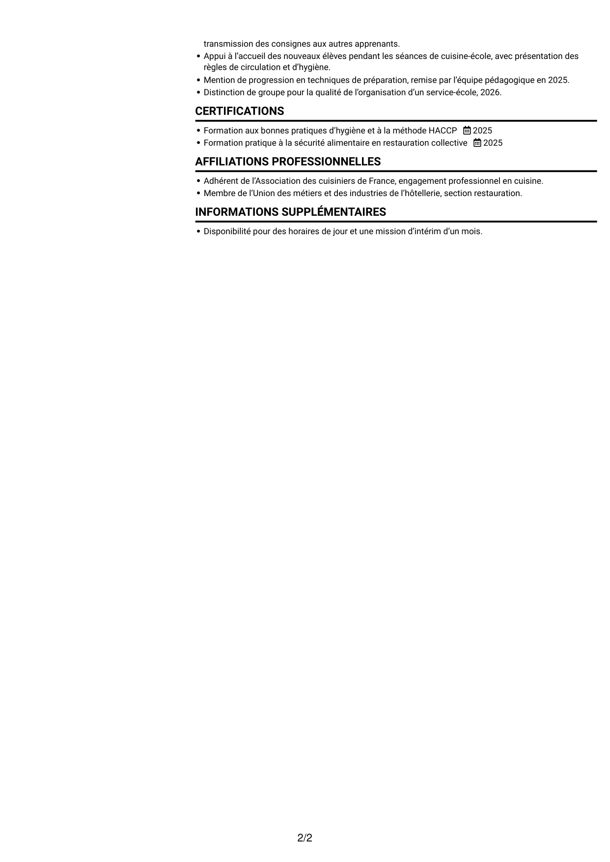 CV Compact (format sobre à deux colonnes avec photo) : Commis de cuisine - Restauration collective, page 2