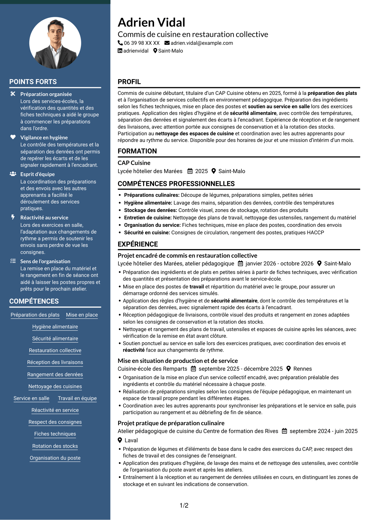 CV Élégant (format à colonne latérale colorée avec photo) : Commis de cuisine - Restauration collective, page 1