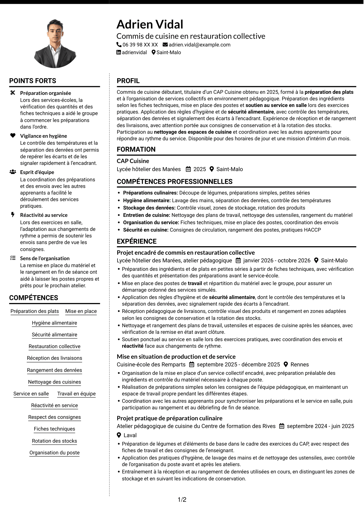 CV Moderne (format à deux colonnes avec photo à gauche et séparateur) : Commis de cuisine - Restauration collective, page 1