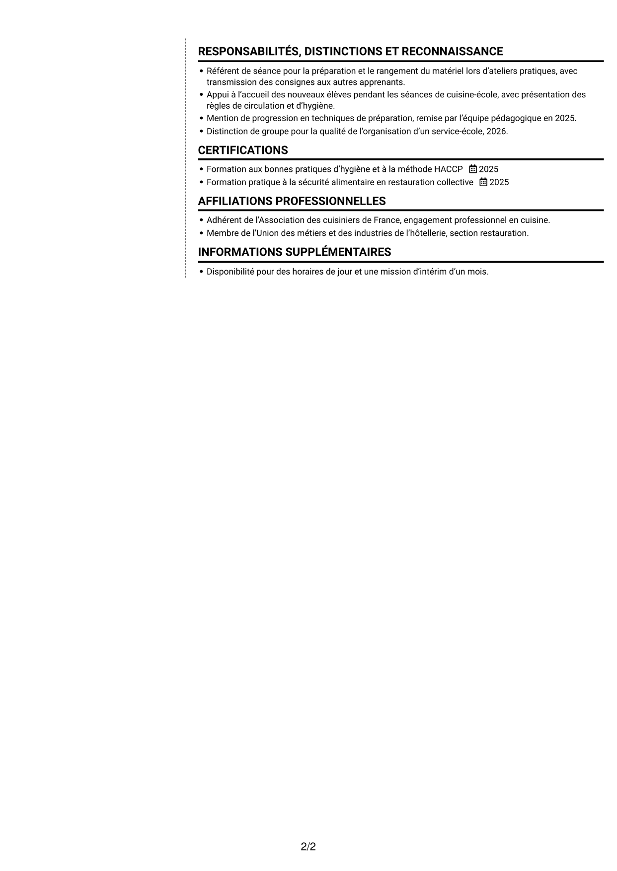 CV Moderne (format à deux colonnes avec photo à gauche et séparateur) : Commis de cuisine - Restauration collective, page 2