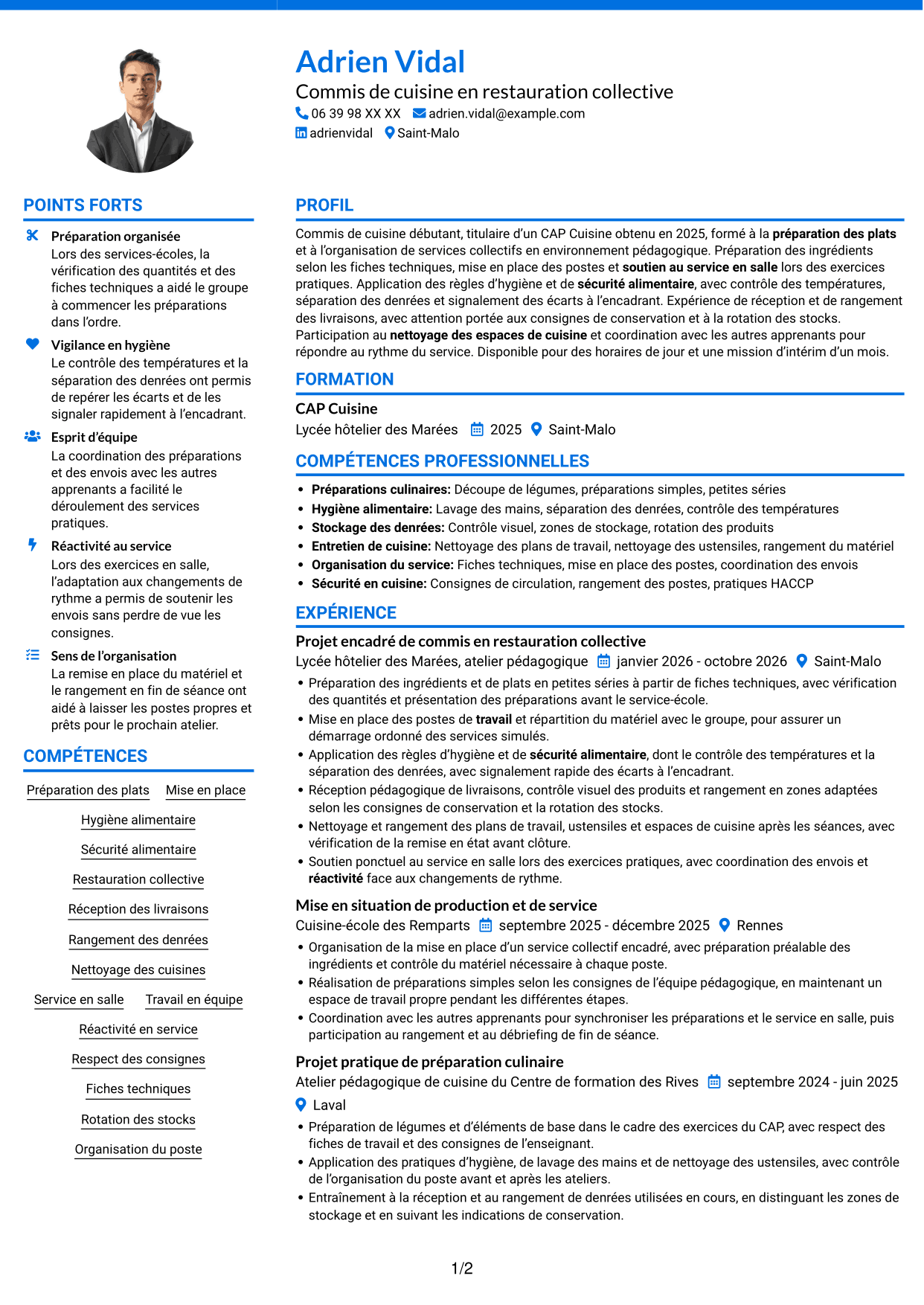 CV Audacieux (format à deux colonnes avec accents colorés et photo) : Commis de cuisine - Restauration collective, page 1