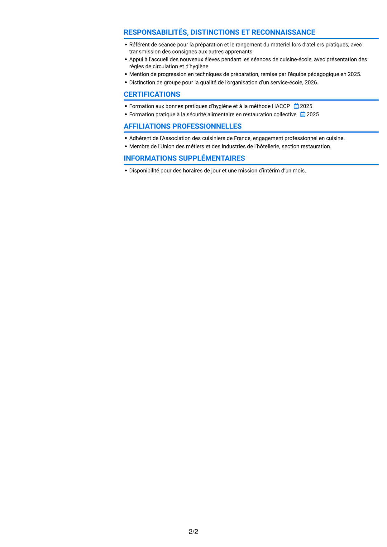 CV Audacieux (format à deux colonnes avec accents colorés et photo) : Commis de cuisine - Restauration collective, page 2
