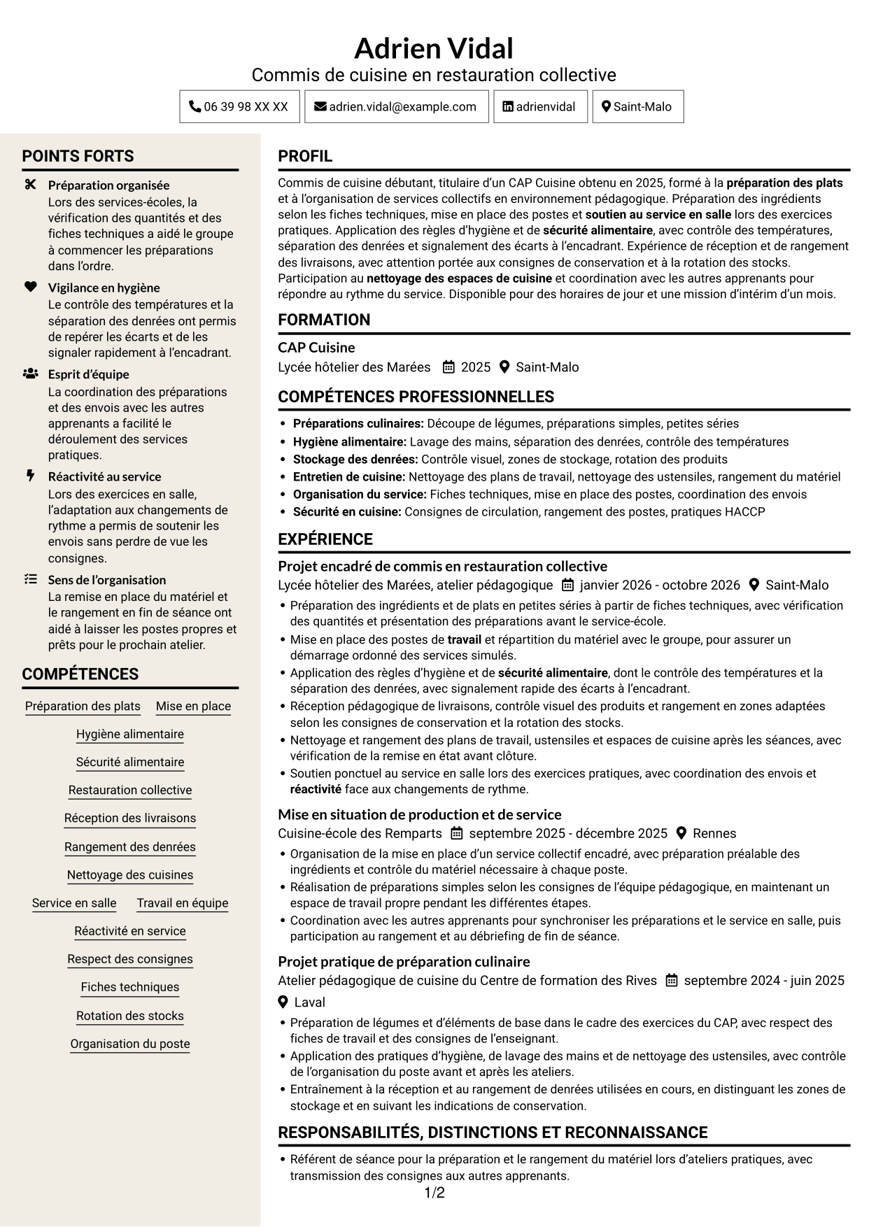 CV Fonceur (format à deux colonnes avec en-tête centré sans photo) : Commis de cuisine - Restauration collective, page 1