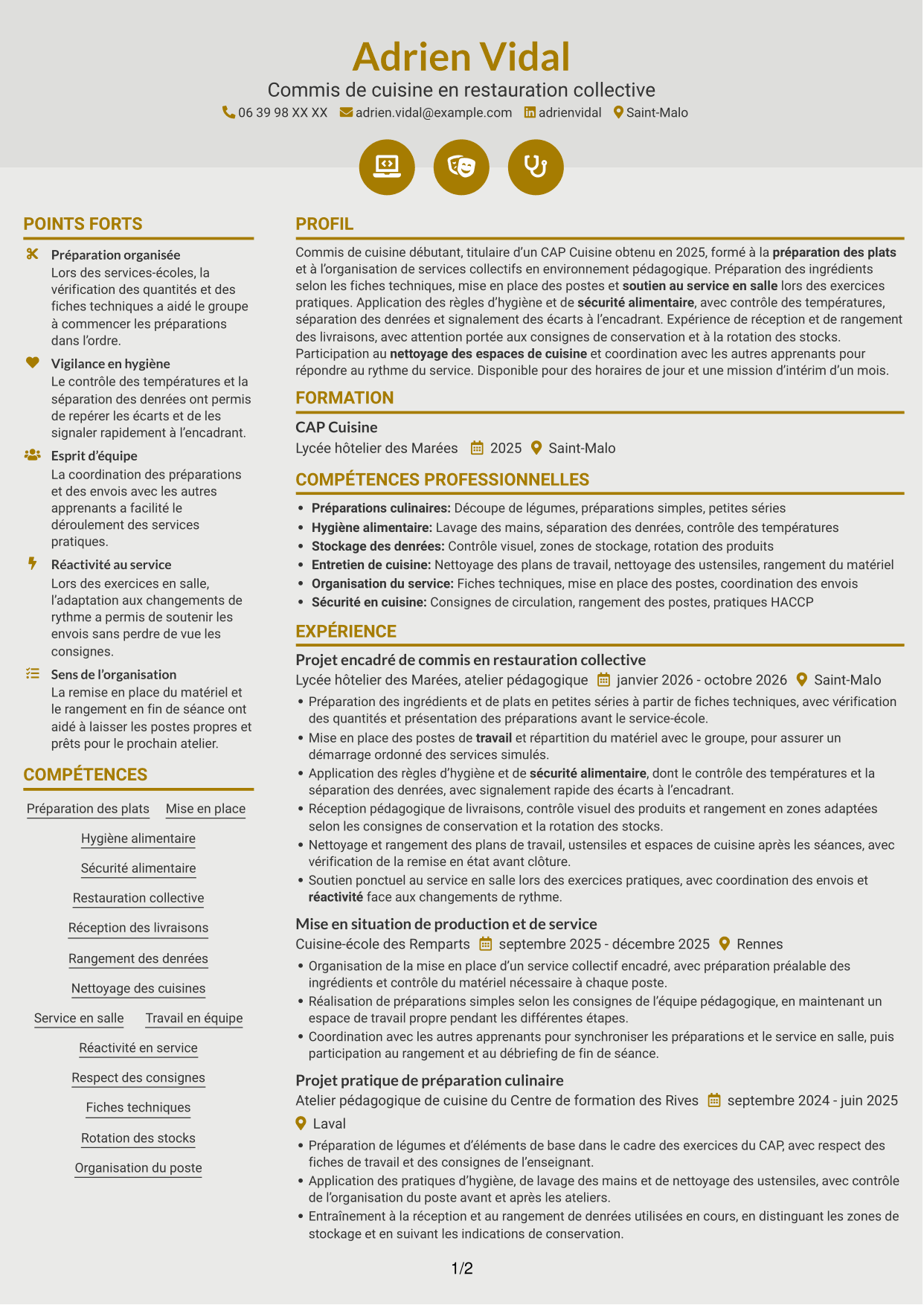 CV Dynamique (format à deux colonnes avec icônes) : Commis de cuisine - Restauration collective, page 1