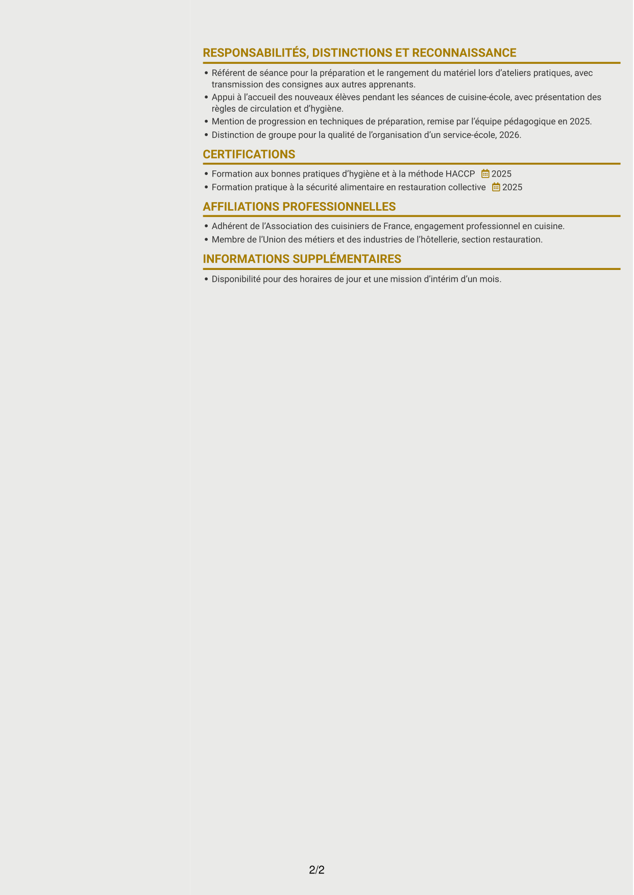 CV Dynamique (format à deux colonnes avec icônes) : Commis de cuisine - Restauration collective, page 2