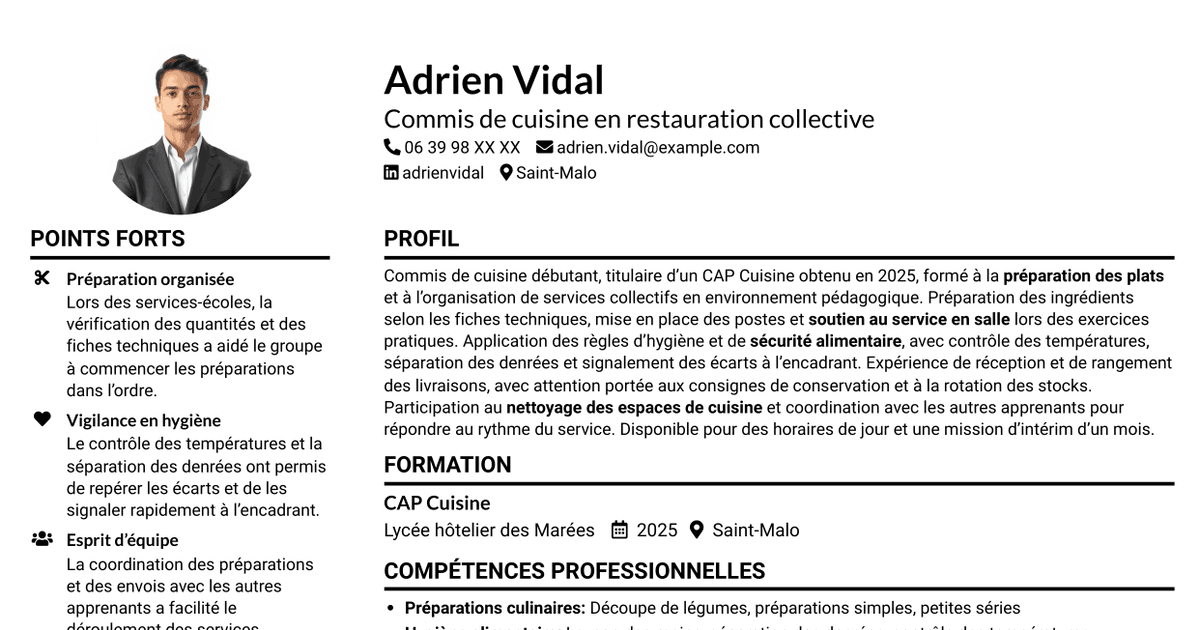 7 modèles de CV pour Commis de cuisine - Restauration collective, avec exemples