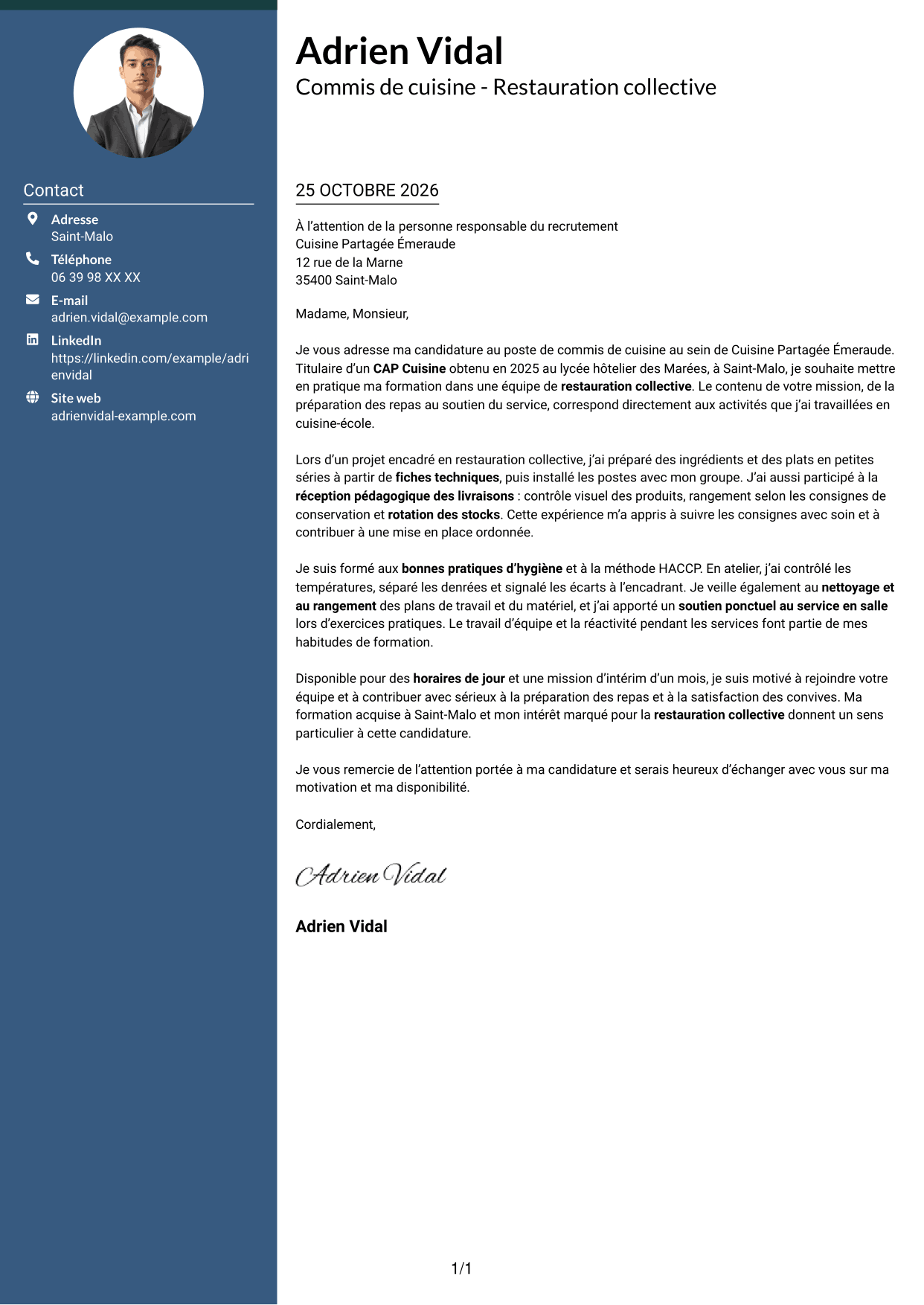 Lettre de motivation Élégant (format à colonne latérale colorée avec photo) : Commis de cuisine - Restauration collective, page 1