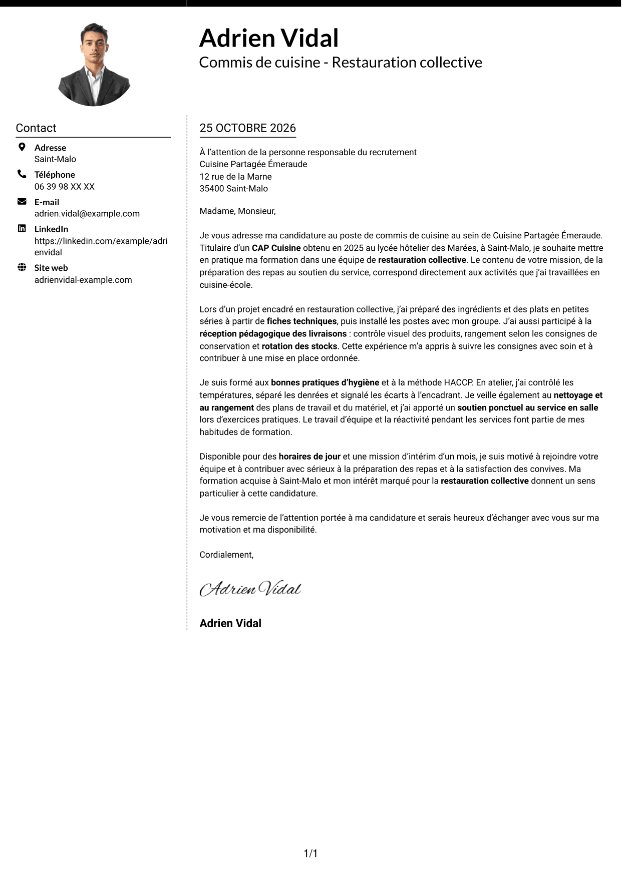 Lettre de motivation Moderne (format à deux colonnes avec photo à gauche et séparateur) : Commis de cuisine - Restauration collective, page 1