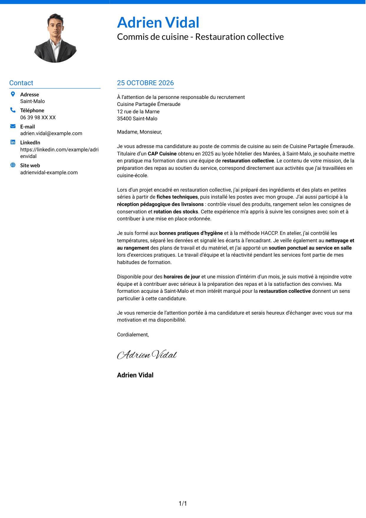 Lettre de motivation Audacieux (format à deux colonnes avec accents colorés et photo) : Commis de cuisine - Restauration collective, page 1