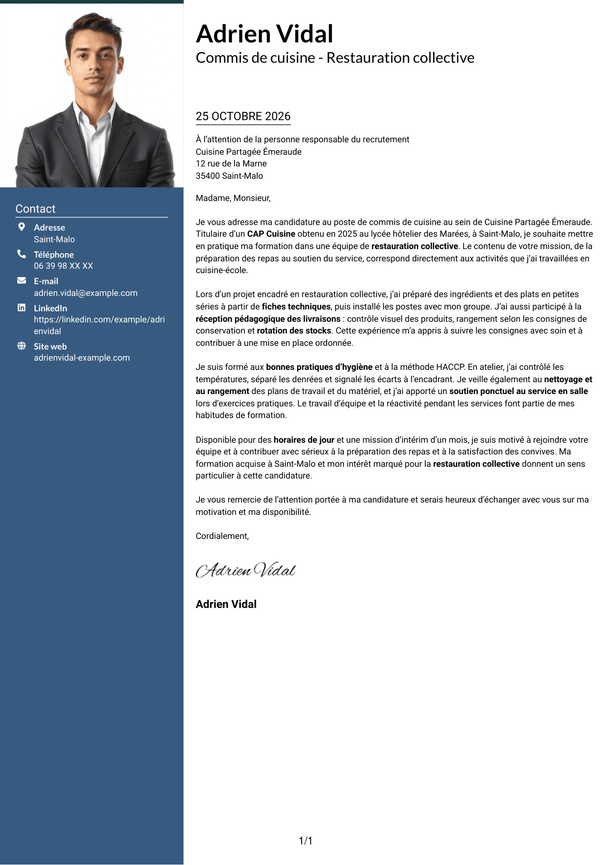 Lettre de motivation Signature (format à colonne latérale colorée avec grande photo) : Commis de cuisine - Restauration collective, page 1