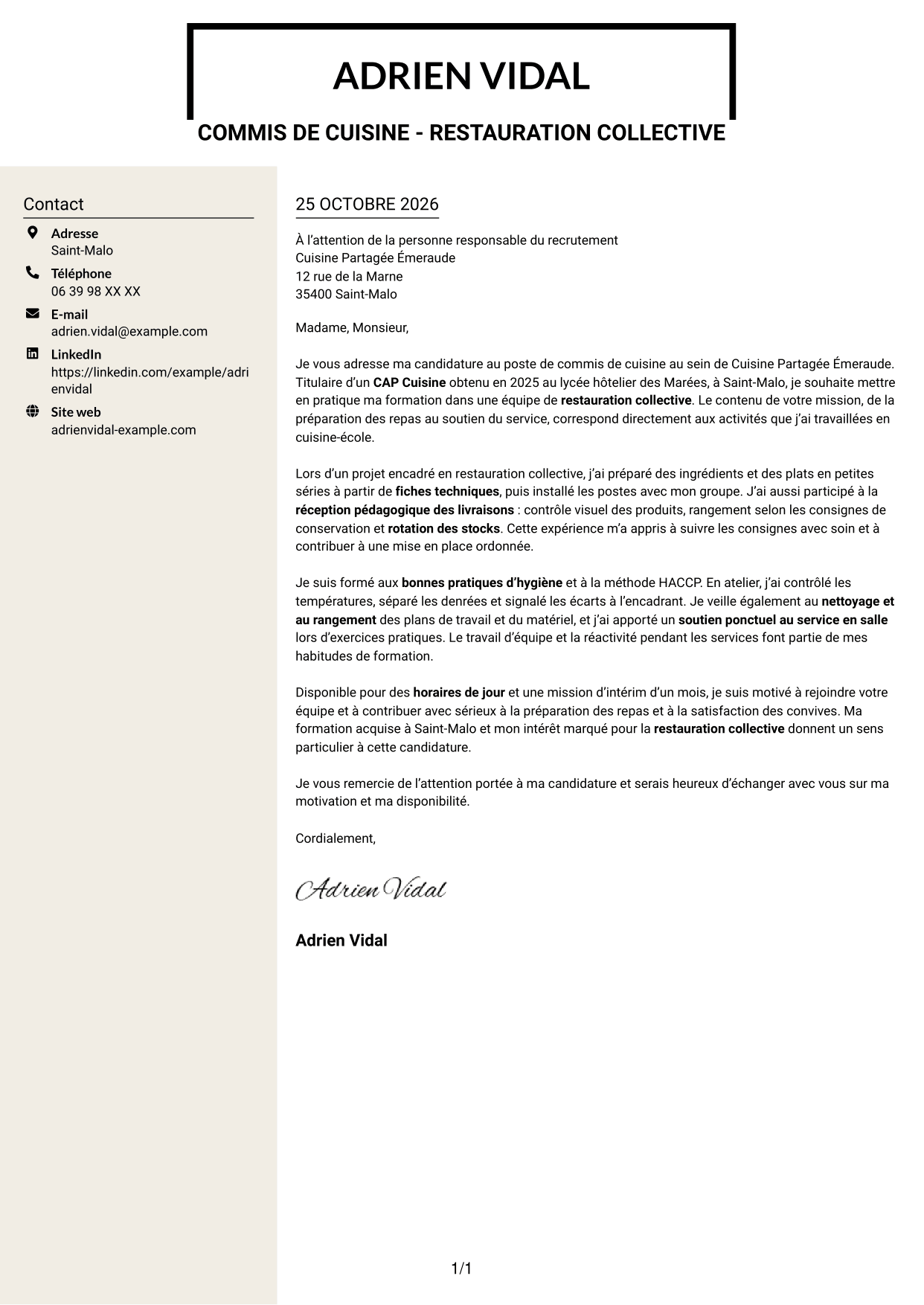 Lettre de motivation Fonceur (format à deux colonnes avec en-tête centré sans photo) : Commis de cuisine - Restauration collective, page 1
