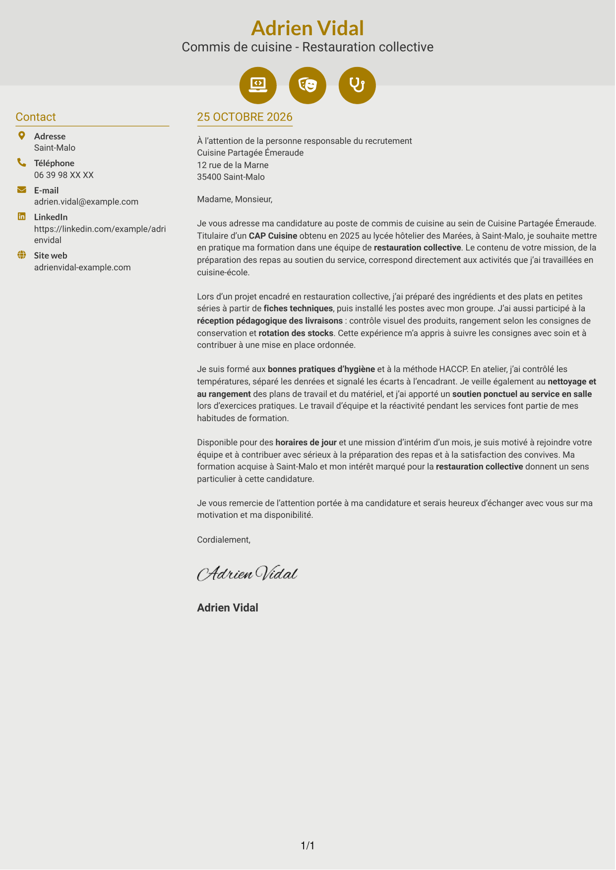 Lettre de motivation Dynamique (format à deux colonnes avec icônes) : Commis de cuisine - Restauration collective, page 1