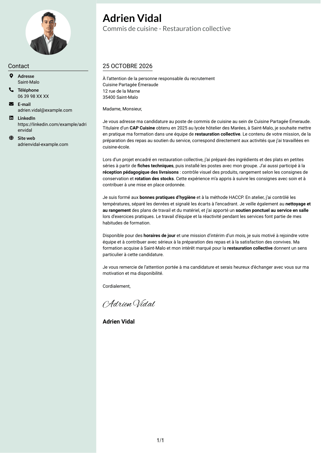 Lettre de motivation Cadre (format à colonne latérale douce avec photo arrondie) : Commis de cuisine - Restauration collective, page 1
