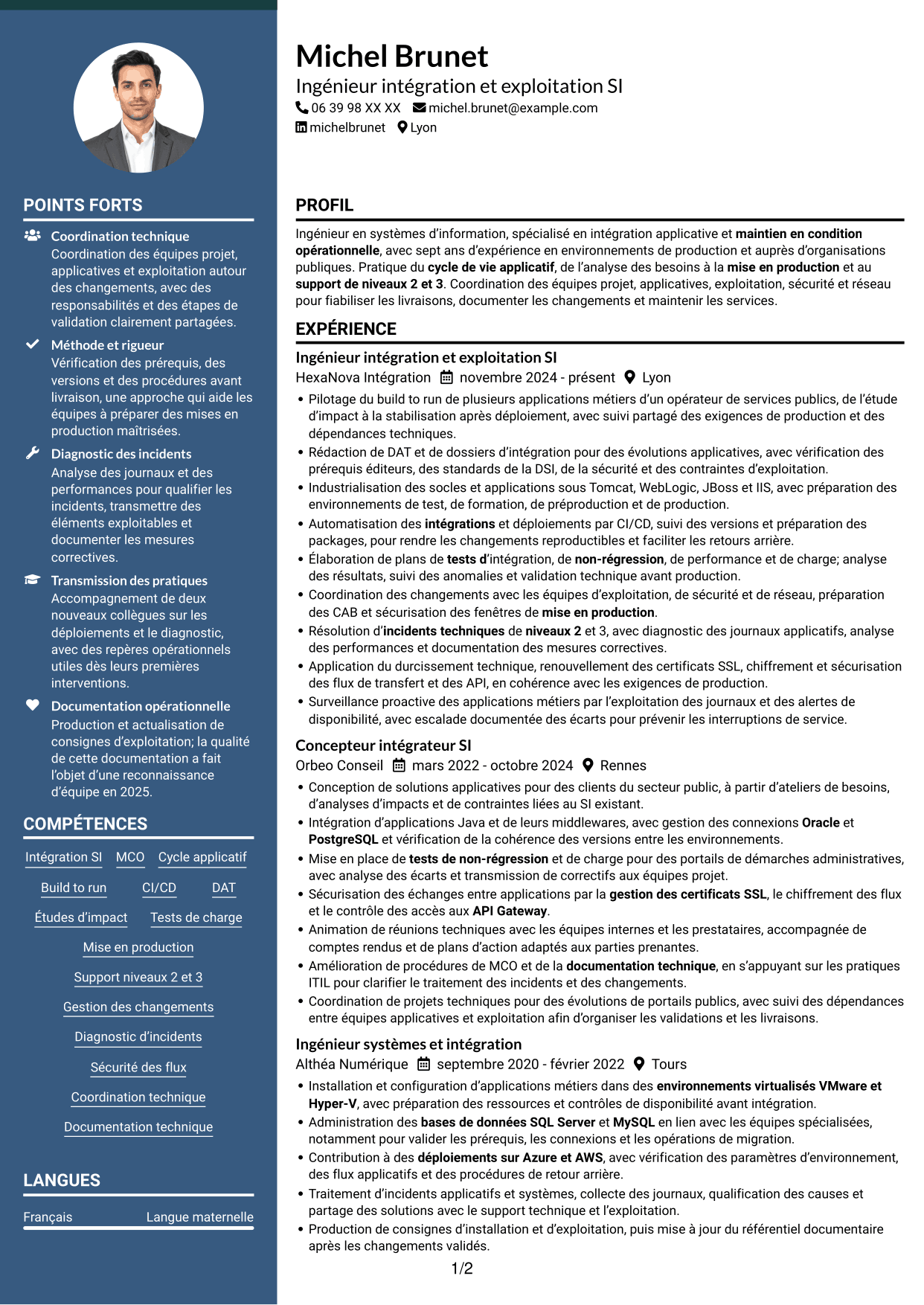CV Élégant (format à colonne latérale colorée avec photo) : Concepteur intégrateur SI - Intégration et MCO, page 1