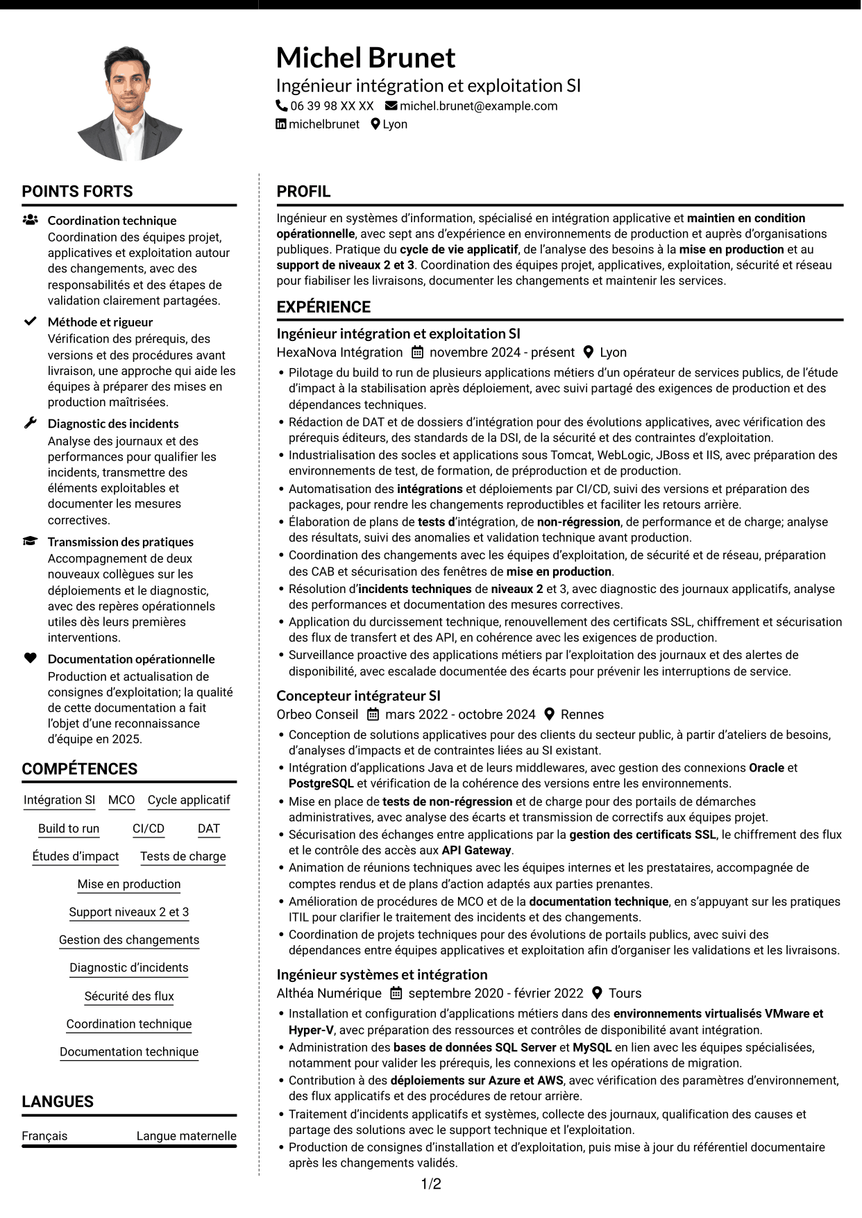 CV Moderne (format à deux colonnes avec photo à gauche et séparateur) : Concepteur intégrateur SI - Intégration et MCO, page 1