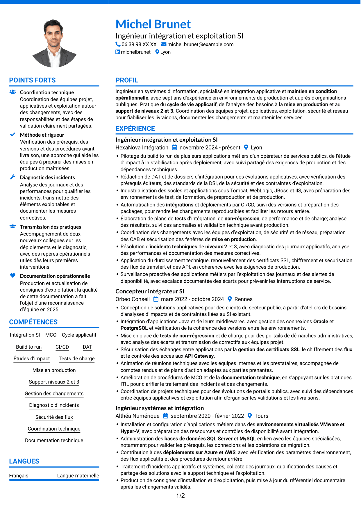 CV Audacieux (format à deux colonnes avec accents colorés et photo) : Concepteur intégrateur SI - Intégration et MCO, page 1