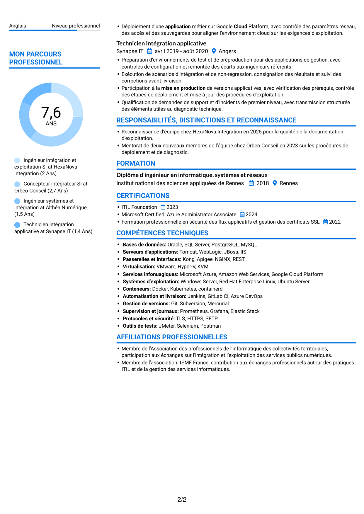 CV Audacieux (format à deux colonnes avec accents colorés et photo) : Concepteur intégrateur SI - Intégration et MCO, page 2