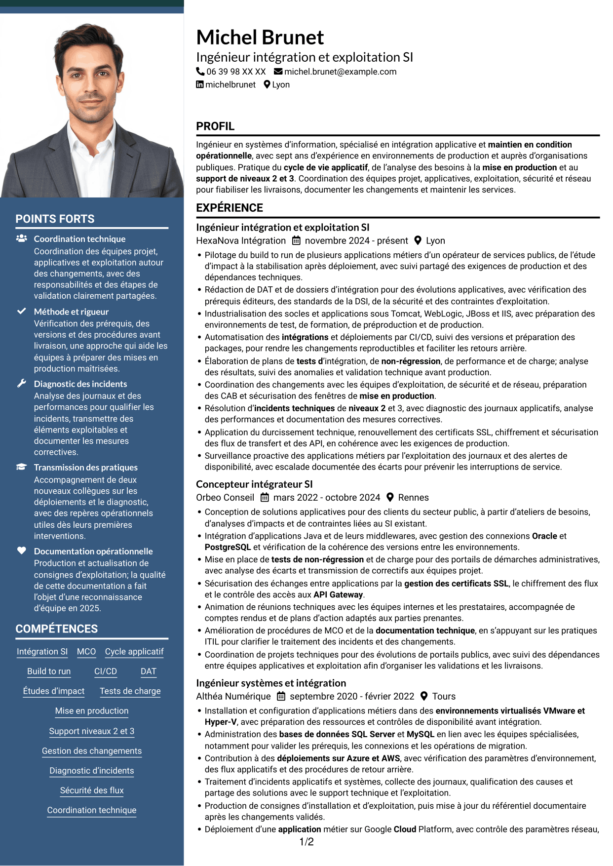 CV Signature (format à colonne latérale colorée avec grande photo) : Concepteur intégrateur SI - Intégration et MCO, page 1
