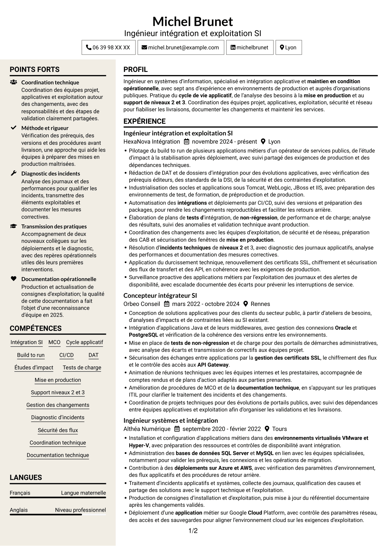 CV Fonceur (format à deux colonnes avec en-tête centré sans photo) : Concepteur intégrateur SI - Intégration et MCO, page 1