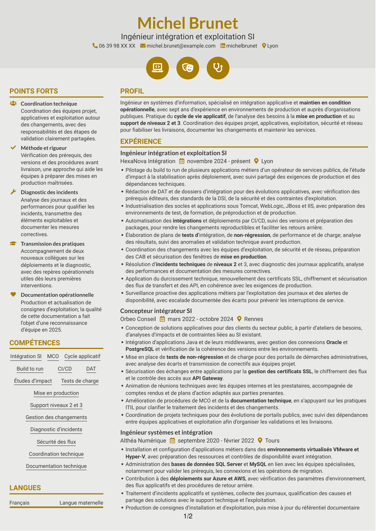 CV Dynamique (format à deux colonnes avec icônes) : Concepteur intégrateur SI - Intégration et MCO, page 1