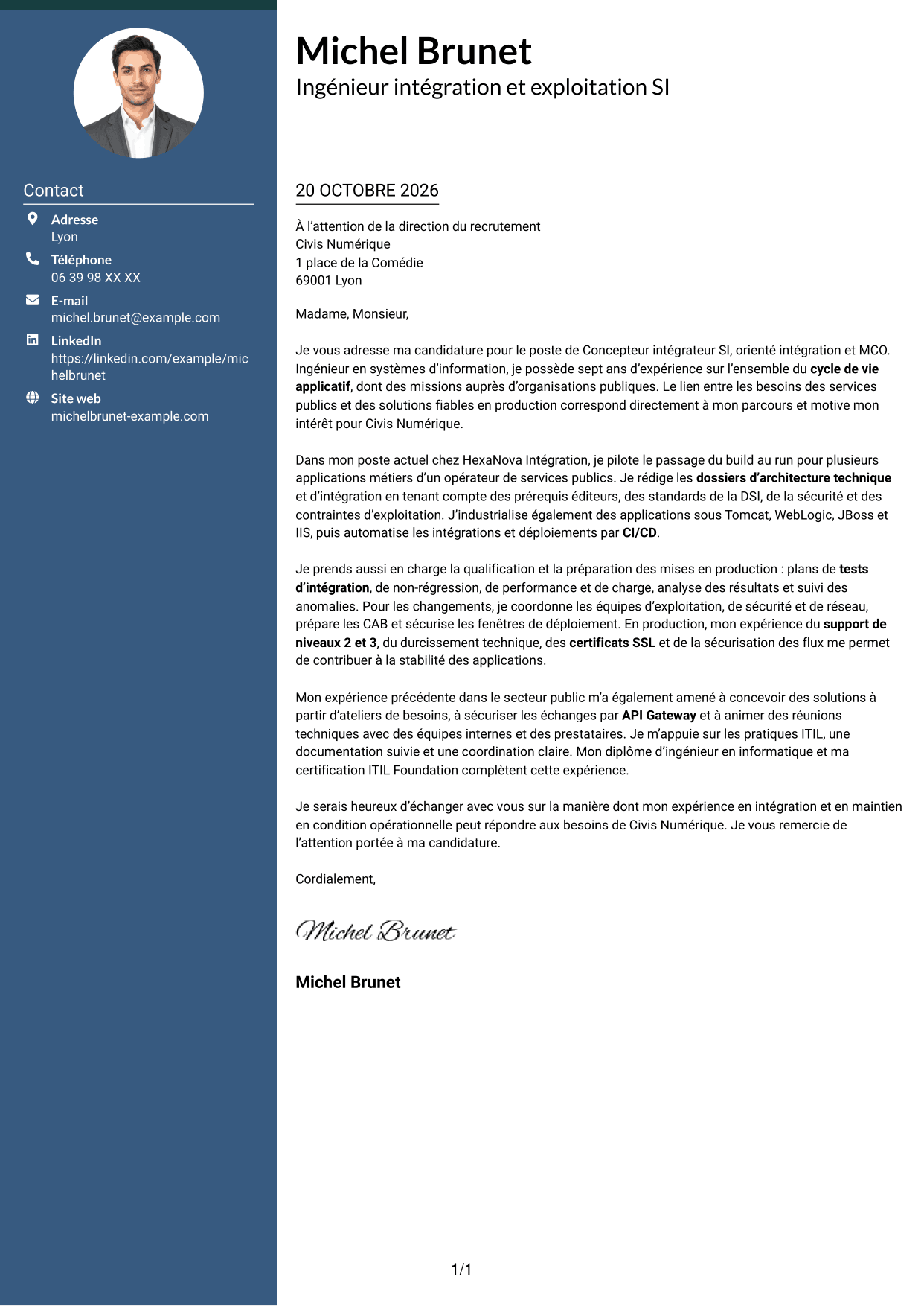 Lettre de motivation Élégant (format à colonne latérale colorée avec photo) : Concepteur intégrateur SI - Intégration et MCO, page 1
